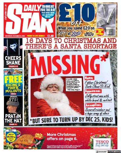 Daily Star Newspaper Front Page (UK) for 9 December 2023