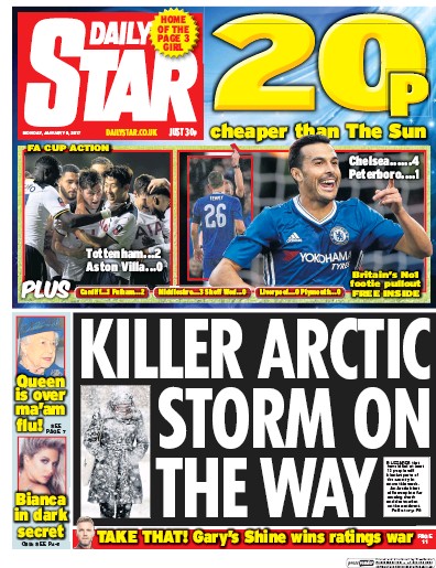 Daily Star Newspaper Front Page (UK) for 9 January 2017