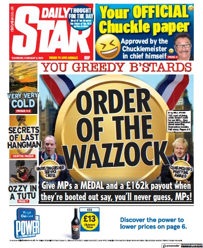 Daily Star Newspaper Front Page (UK) for 9 February 2023