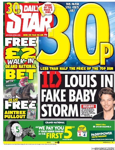 Daily Star Newspaper Front Page (UK) for 9 April 2016