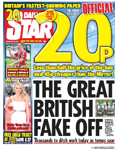 Daily Star Newspaper Front Page (UK) for 9 May 2016