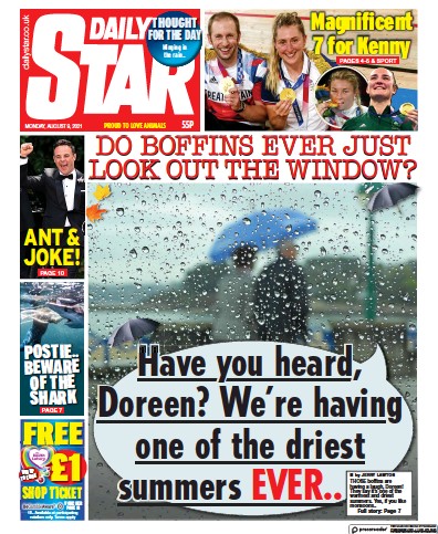 Daily Star Newspaper Front Page (UK) for 9 August 2021