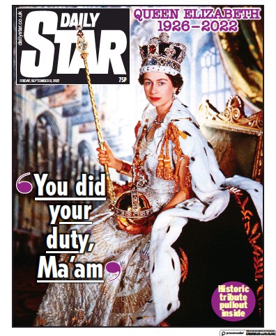 Daily Star Newspaper Front Page (UK) for 9 September 2022