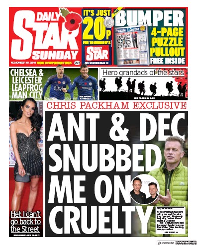 Daily Star Sunday Newspaper Front Page (UK) for 10 November 2019
