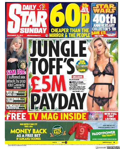 Daily Star Sunday Newspaper Front Page (UK) for 10 December 2017