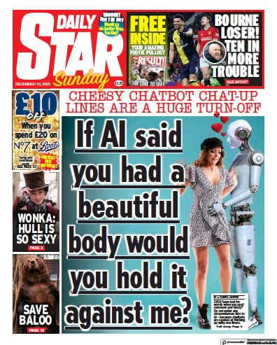 Daily Star Sunday Newspaper Front Page (UK) for 10 December 2023