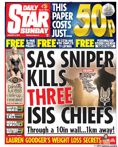 Daily Star Sunday Newspaper Front Page (UK) for 10 January 2016