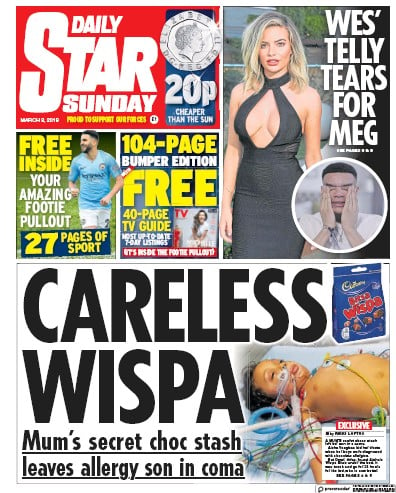 Daily Star Sunday Newspaper Front Page (UK) for 10 March 2019