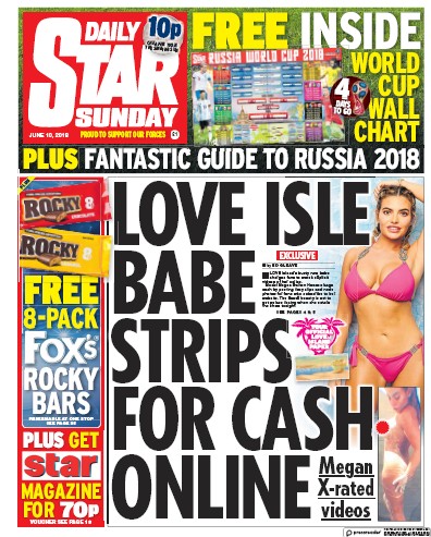 Daily Star Sunday Newspaper Front Page (UK) for 10 June 2018