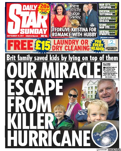 Daily Star Sunday Newspaper Front Page (UK) for 10 September 2017