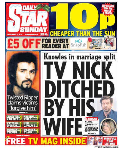 Daily Star Sunday Newspaper Front Page (UK) for 11 December 2016