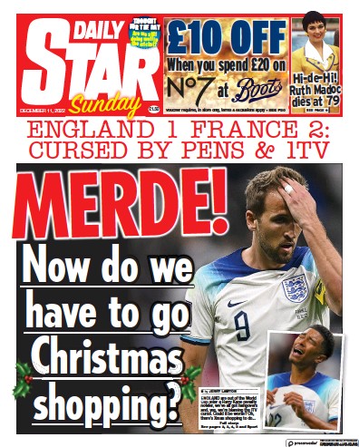 Daily Star Sunday Newspaper Front Page (UK) for 11 December 2022