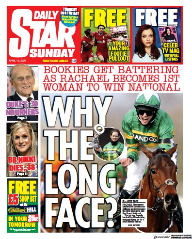 Daily Star Sunday Newspaper Front Page (UK) for 11 April 2021