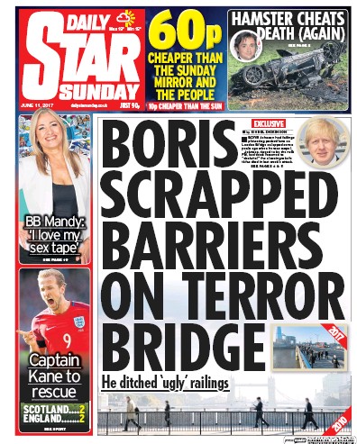 Daily Star Sunday Newspaper Front Page (UK) for 11 June 2017