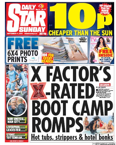Daily Star Sunday Newspaper Front Page (UK) for 11 September 2016