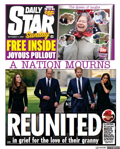 Daily Star Sunday Newspaper Front Page (UK) for 11 September 2022