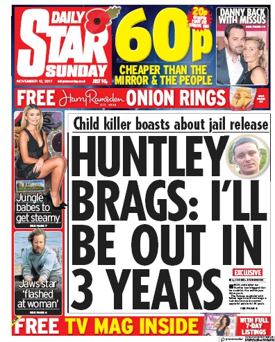Daily Star Sunday Newspaper Front Page (UK) for 12 November 2017