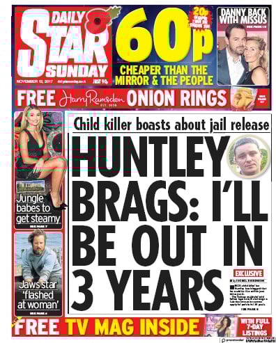 Daily Star Sunday Newspaper Front Page (UK) for 12 November 2017