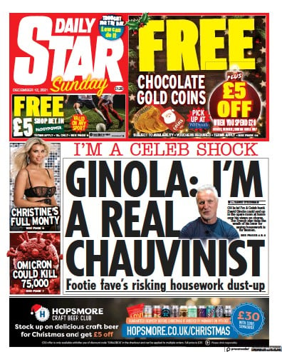 Daily Star Sunday Newspaper Front Page (UK) for 12 December 2021