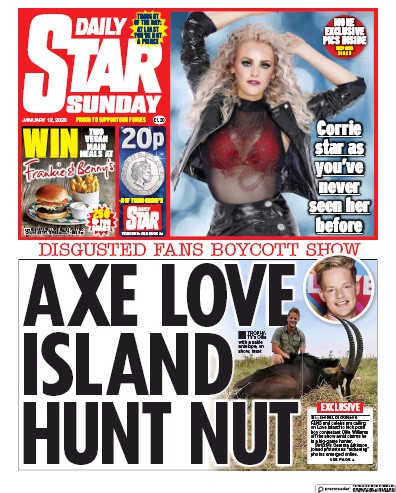Daily Star Sunday Newspaper Front Page (UK) for 12 January 2020