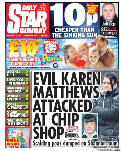 Daily Star Sunday Newspaper Front Page (UK) for 12 February 2017
