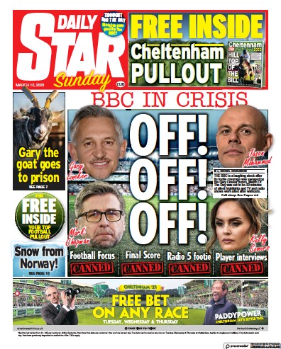 Daily Star Sunday Newspaper Front Page (UK) for 12 March 2023
