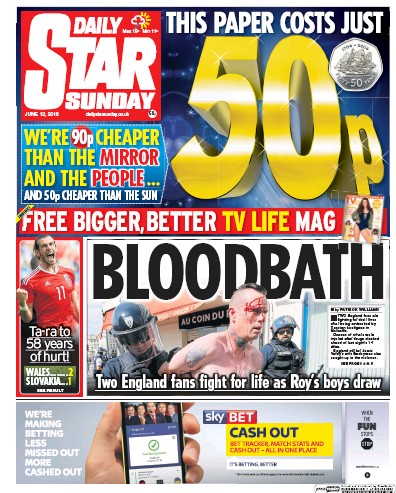 Daily Star Sunday Newspaper Front Page (UK) for 12 June 2016