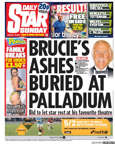 Daily Star Sunday Newspaper Front Page (UK) for 12 August 2018