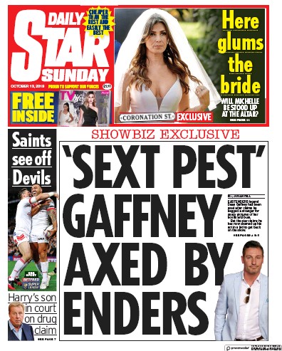 Daily Star Sunday Newspaper Front Page (UK) for 13 October 2019