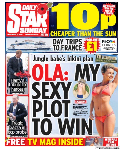 Daily Star Sunday Newspaper Front Page (UK) for 13 November 2016