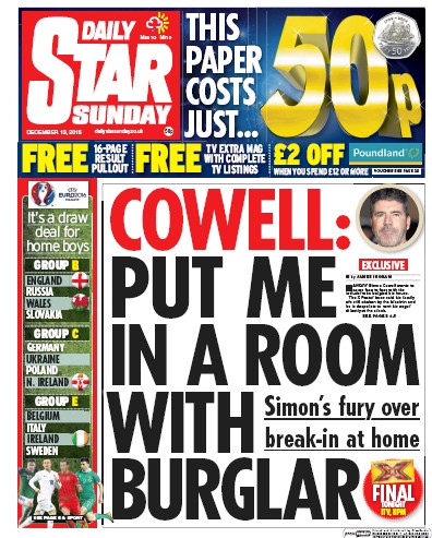 Daily Star Sunday Newspaper Front Page (UK) for 13 December 2015