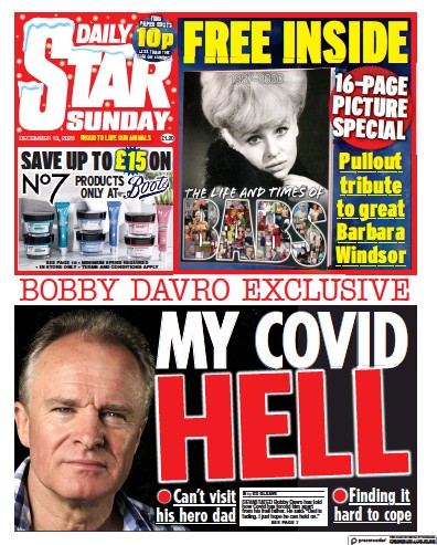 Daily Star Sunday Newspaper Front Page (UK) for 13 December 2020