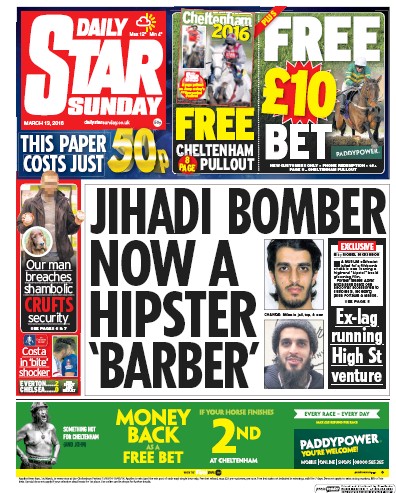 Daily Star Sunday Newspaper Front Page (UK) for 13 March 2016