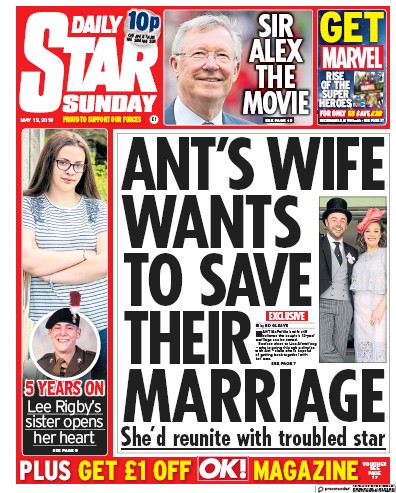 Daily Star Sunday Newspaper Front Page (UK) for 13 May 2018
