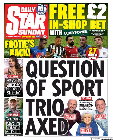 Daily Star Sunday Newspaper Front Page (UK) for 13 September 2020