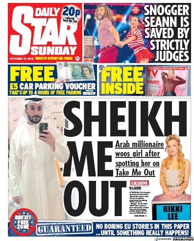 Daily Star Sunday Newspaper Front Page (UK) for 14 October 2018