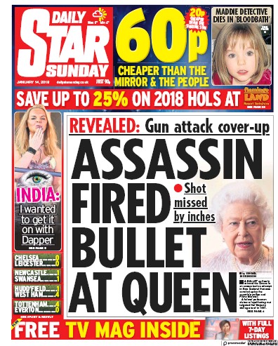 Daily Star Sunday Newspaper Front Page (UK) for 14 January 2018