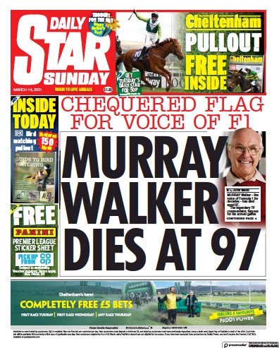 Daily Star Sunday Newspaper Front Page (UK) for 14 March 2021