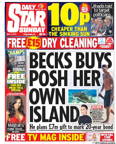 Daily Star Sunday Newspaper Front Page (UK) for 14 May 2017