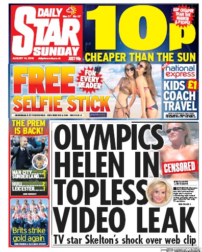 Daily Star Sunday Newspaper Front Page (UK) for 14 August 2016