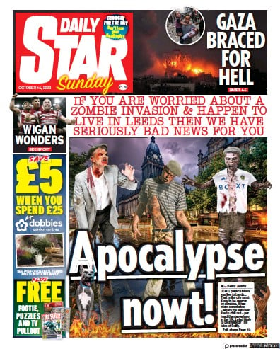 Daily Star Sunday Newspaper Front Page (UK) for 15 October 2023