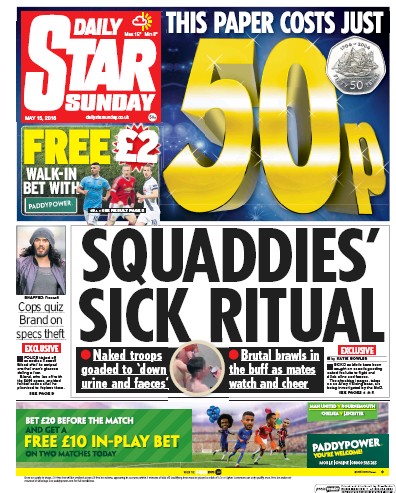 Daily Star Sunday Newspaper Front Page (UK) for 15 May 2016