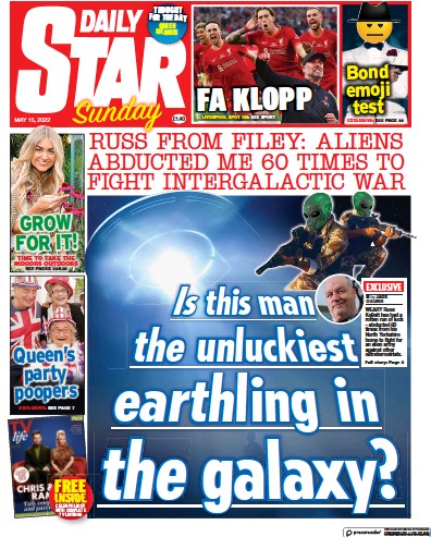 Daily Star Sunday Newspaper Front Page (UK) for 15 May 2022