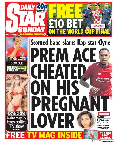 Daily Star Sunday Newspaper Front Page (UK) for 15 July 2018