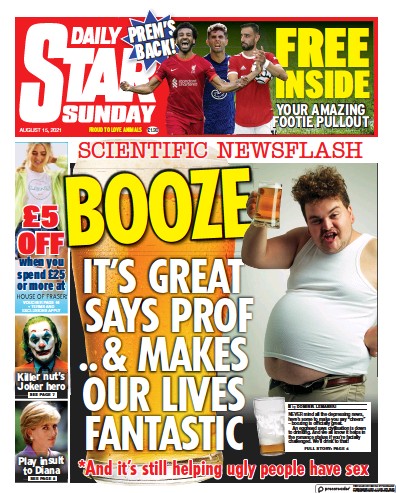 Daily Star Sunday Newspaper Front Page (UK) for 15 August 2021