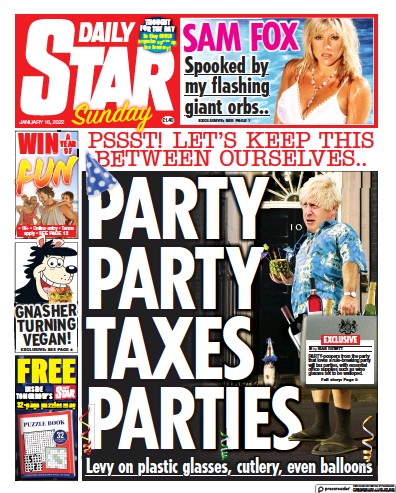 Daily Star Sunday Newspaper Front Page (UK) for 16 January 2022