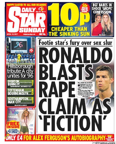 Daily Star Sunday Newspaper Front Page (UK) for 16 April 2017