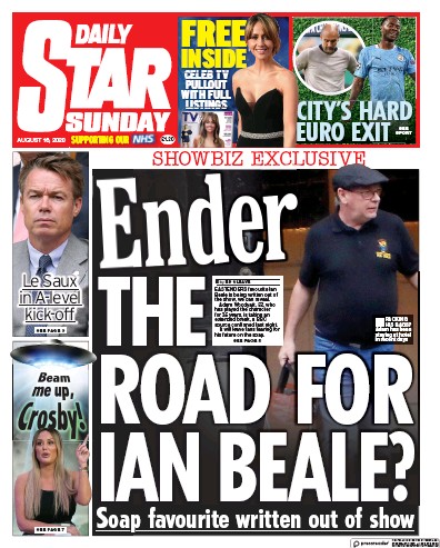 Daily Star Sunday Newspaper Front Page (UK) for 16 August 2020