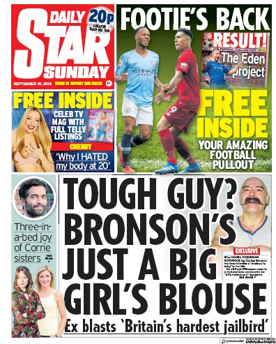 Daily Star Sunday Newspaper Front Page (UK) for 16 September 2018