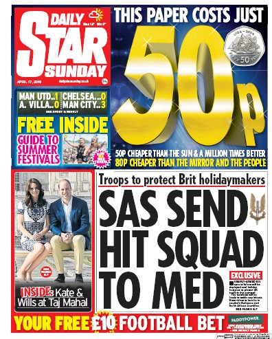 Daily Star Sunday Newspaper Front Page (UK) for 17 April 2016